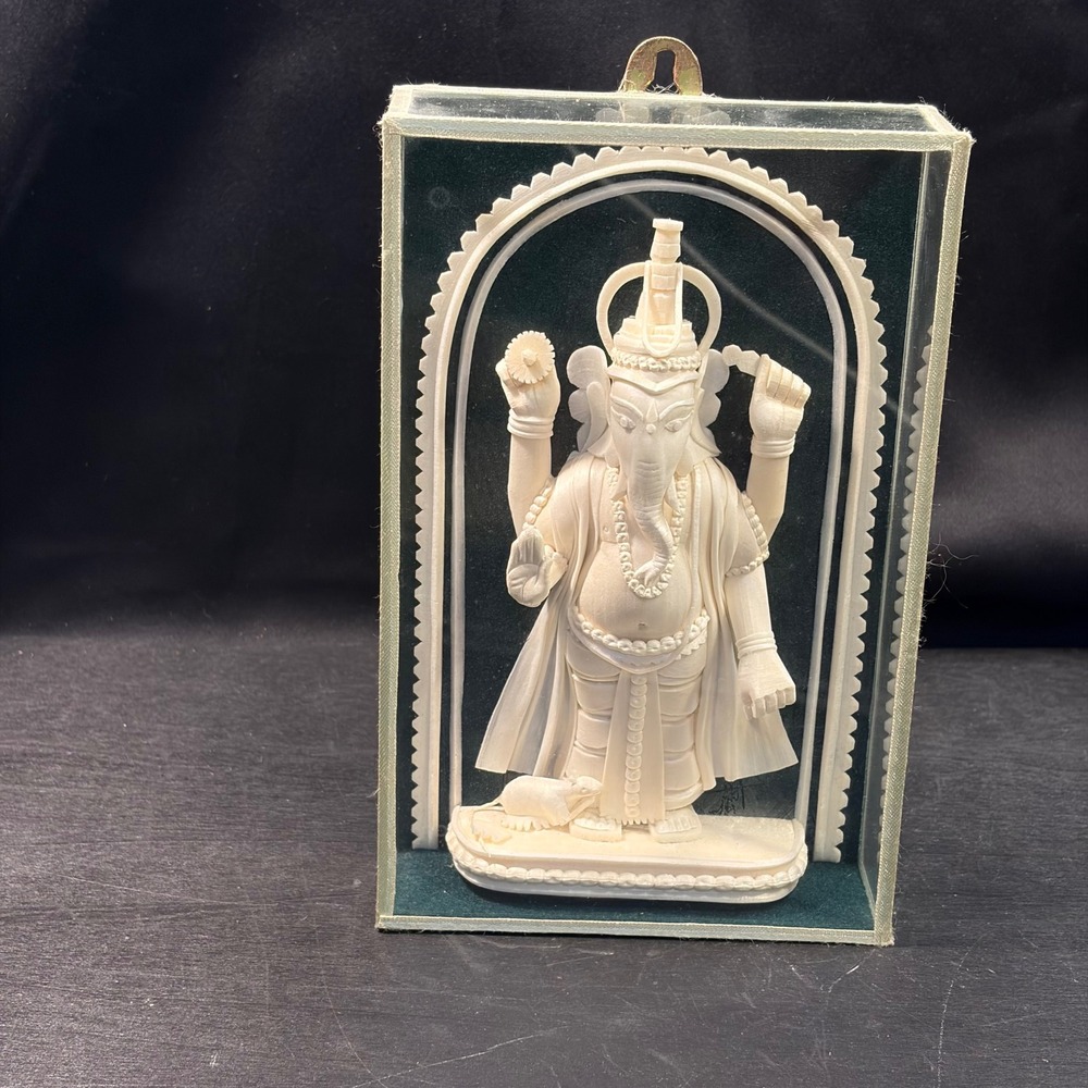 Lord Ganesha Carved Figurine in Glass Display Case Hindu Deity Sculpture
